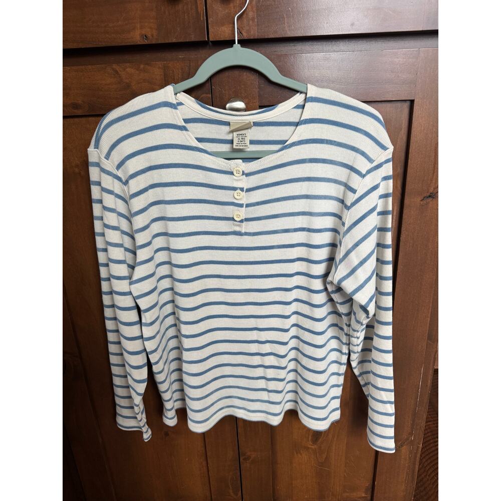L.L. Bean 100% Cotton Women’s XL Waffle Knit Henley Top Blue White Stripe